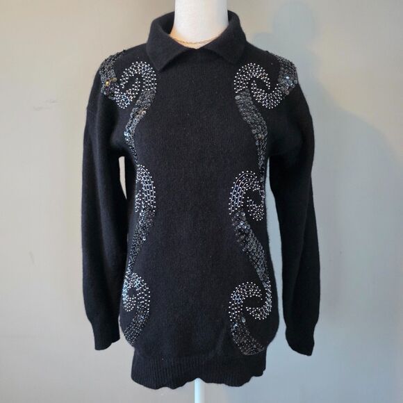 Vintage 80s Angora Wool Sweater. Small. Dark Romance Goth Glam Sequins Black - Picture 1 of 10